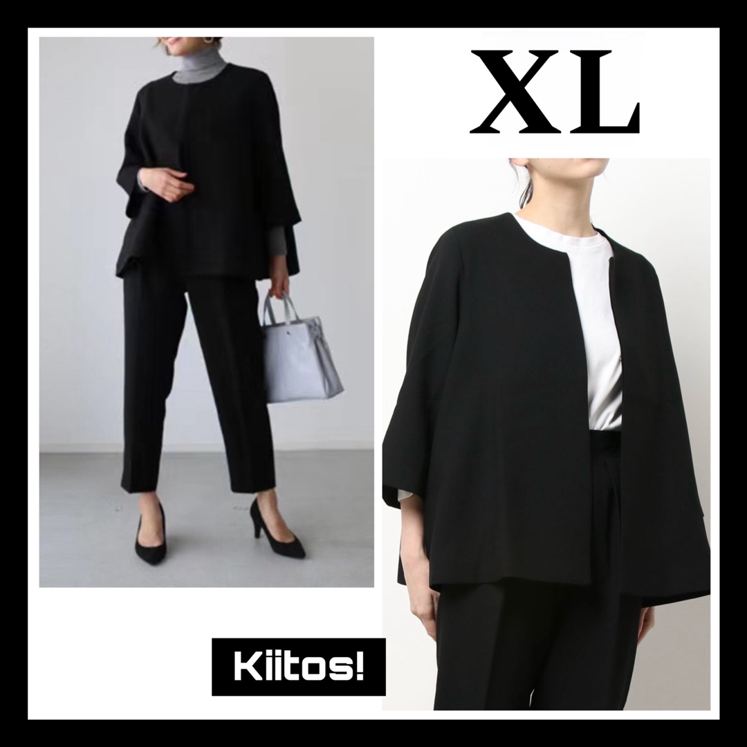 ブラック XL ノーカラー ジャケット パンツ スーツ セットアップ セレモニー レディースのフォーマル/ドレス(スーツ)の商品写真