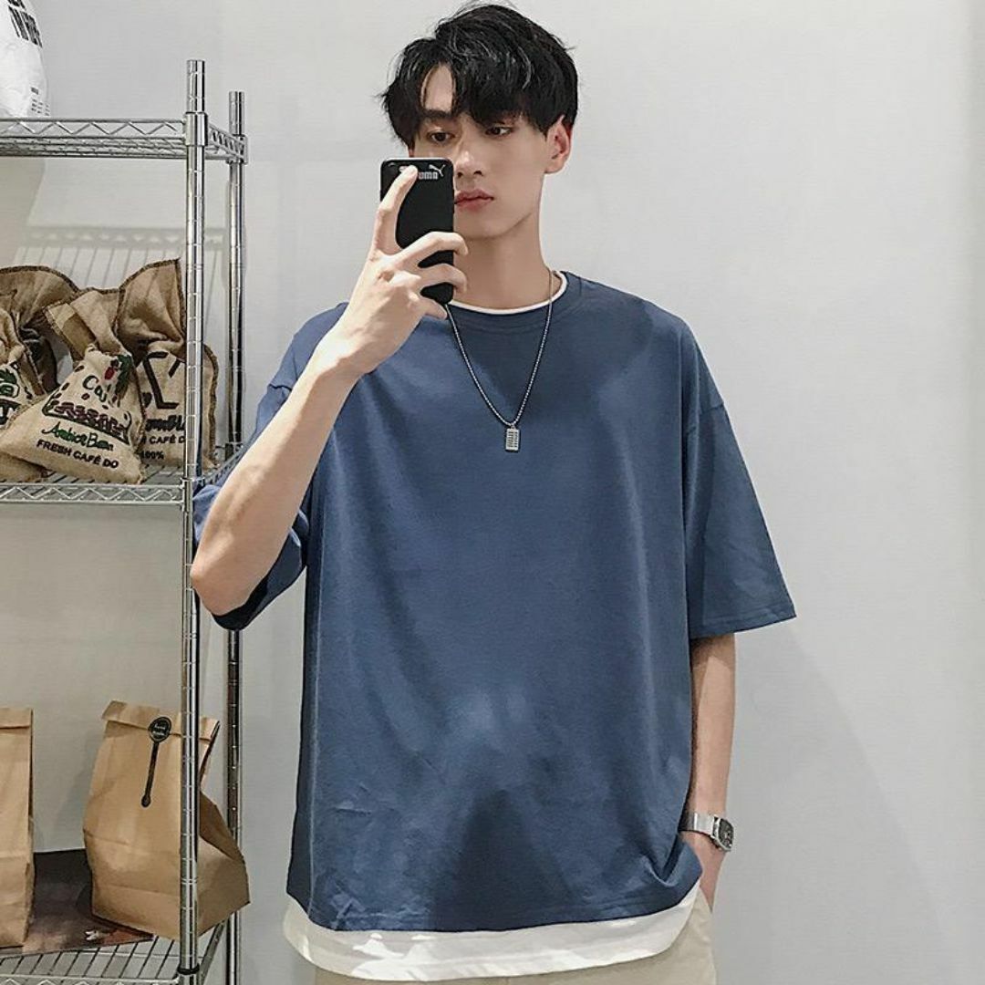 メンズ レイヤード Tシャツ 韓国 オーバーサイズ  重ね着 半袖 カットソー メンズのトップス(Tシャツ/カットソー(半袖/袖なし))の商品写真