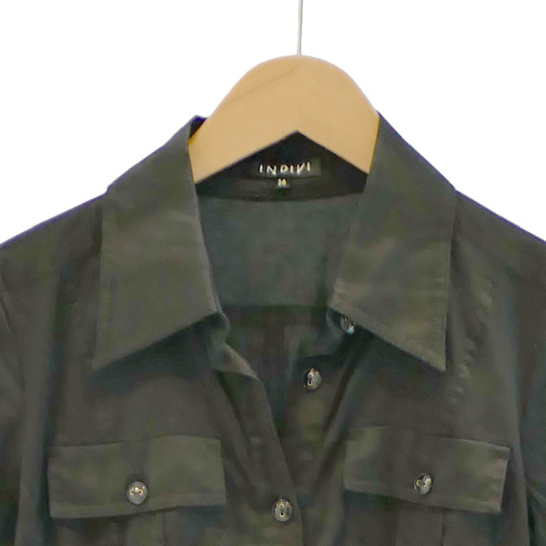 INDIVI(インディヴィ)のインディヴィ サファリシャツ ワンピース ひざ丈 半袖 36 ブラック 黒 レディースのワンピース(ひざ丈ワンピース)の商品写真
