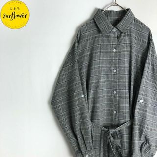 【ワンピース　ロング丈　チェック柄　シャツワンピ　モノトーン　グレー　古着】(ロングワンピース/マキシワンピース)