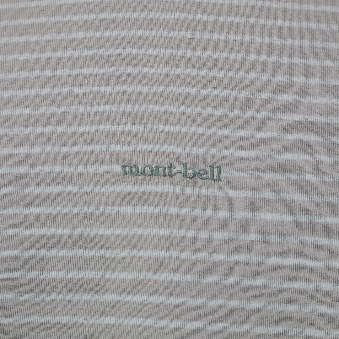 mont bell(モンベル)の【XLサイズ】モンベル／ボーダーTシャツ　刺繍ロゴ　ウィックロン　ベージュ×青緑 メンズのトップス(Tシャツ/カットソー(半袖/袖なし))の商品写真