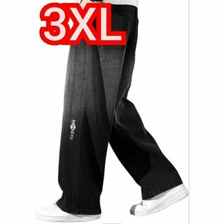 ジーンズ ブラック 3XL メンズ ワイドデニム パンツ バギーパンツ 紐調整(デニム/ジーンズ)