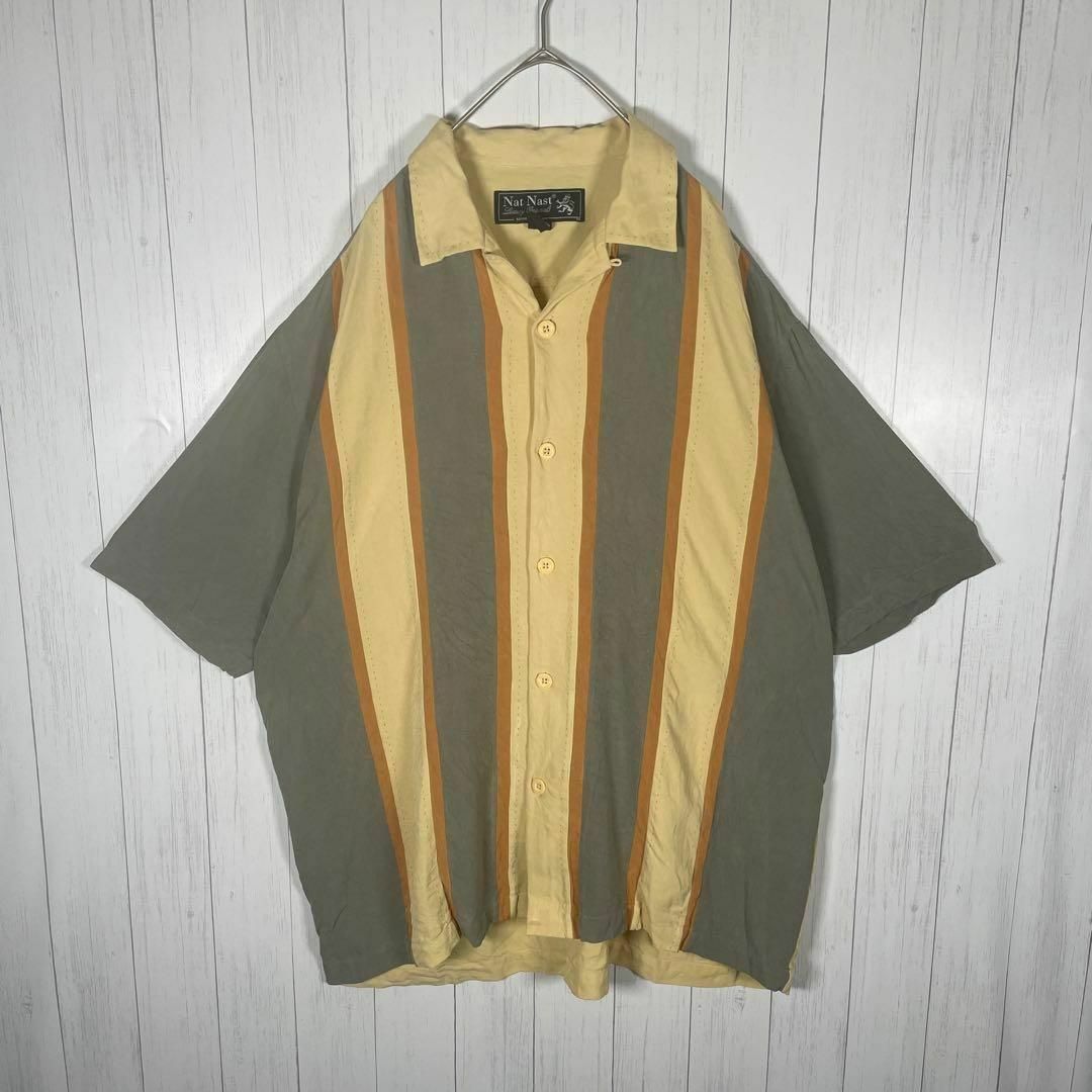 VINTAGE(ヴィンテージ)の[古着]ビンテージ　半袖　シャツ　オープンカラー　シルク　バイカラー　黄　カーキ メンズのトップス(シャツ)の商品写真