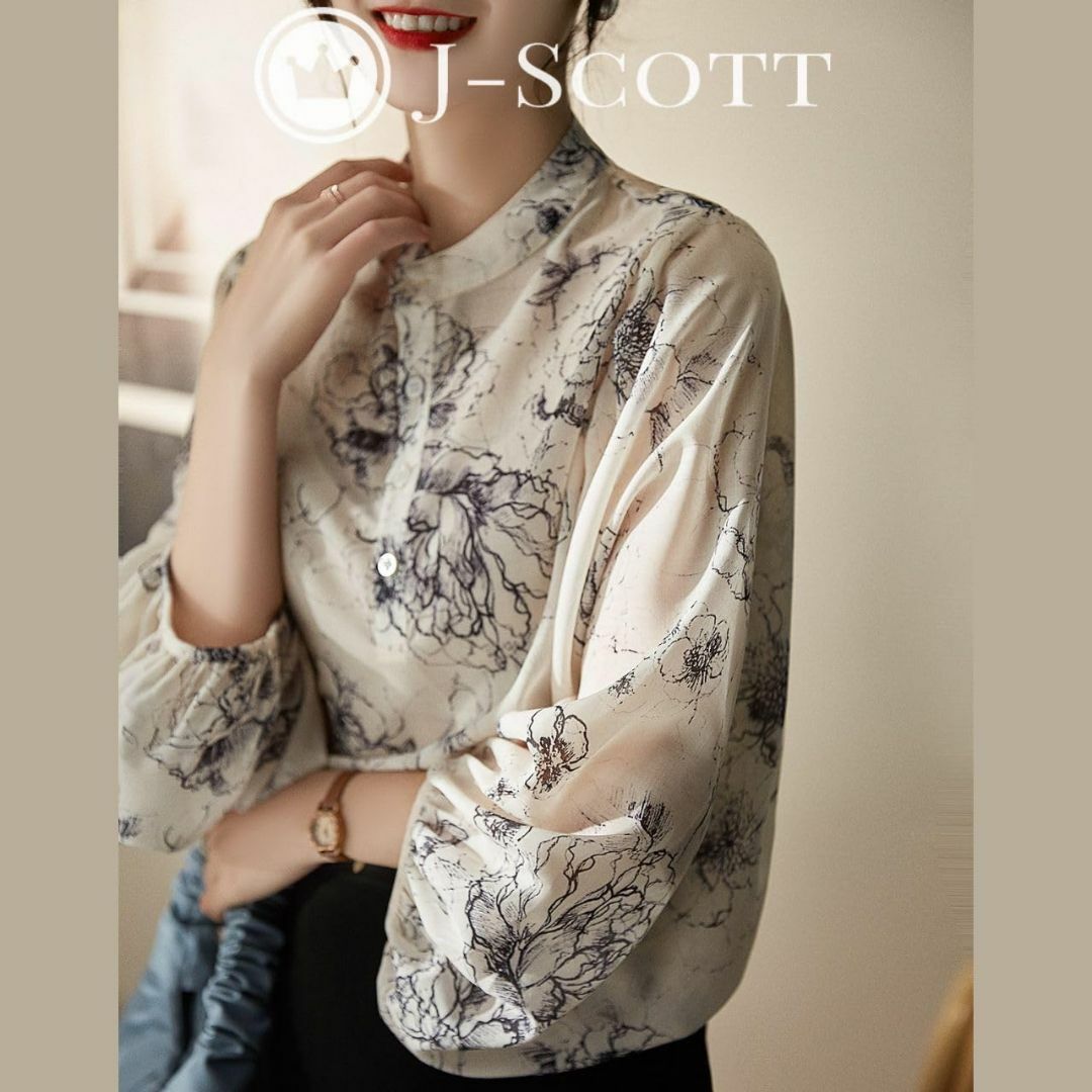 [J-Scott] [ジェイスコット] 絵画風フラワープリントブラウス ノーカラ レディースのファッション小物(その他)の商品写真