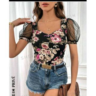 シーイン(SHEIN)のSHEIN  花柄 メッシュ パフスリーブ スイートハートネック Tシャツ(Tシャツ(半袖/袖なし))