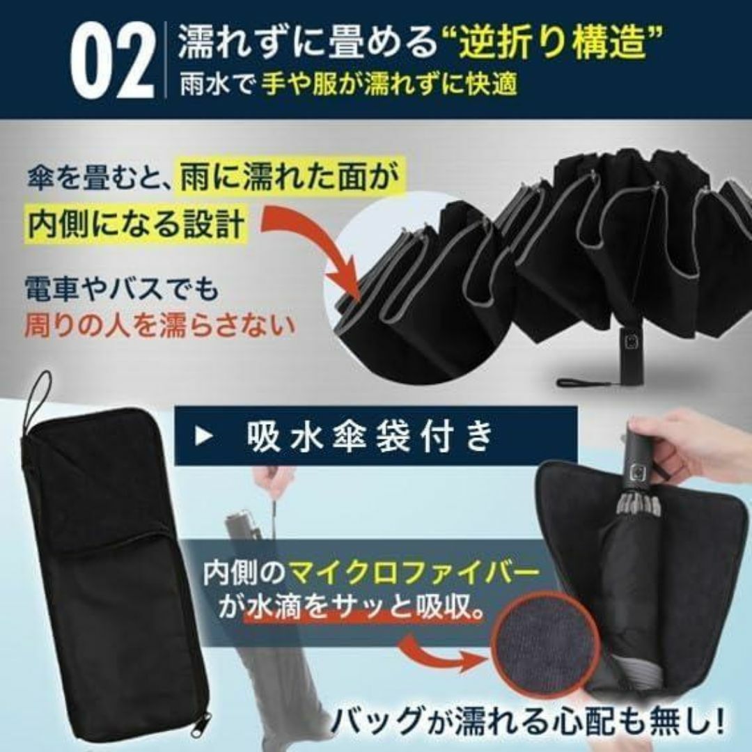 折りたたみ傘 逆折り式 吸水傘袋付き 晴雨兼用 日傘 自動開閉 反社テープ付き メンズのファッション小物(傘)の商品写真