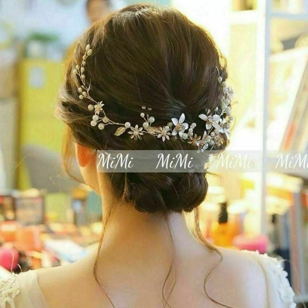 rゴールドヘッドドレス ヘアアクセサリーブライダルパール 結婚式 ウェディング レディースのヘアアクセサリー(その他)の商品写真