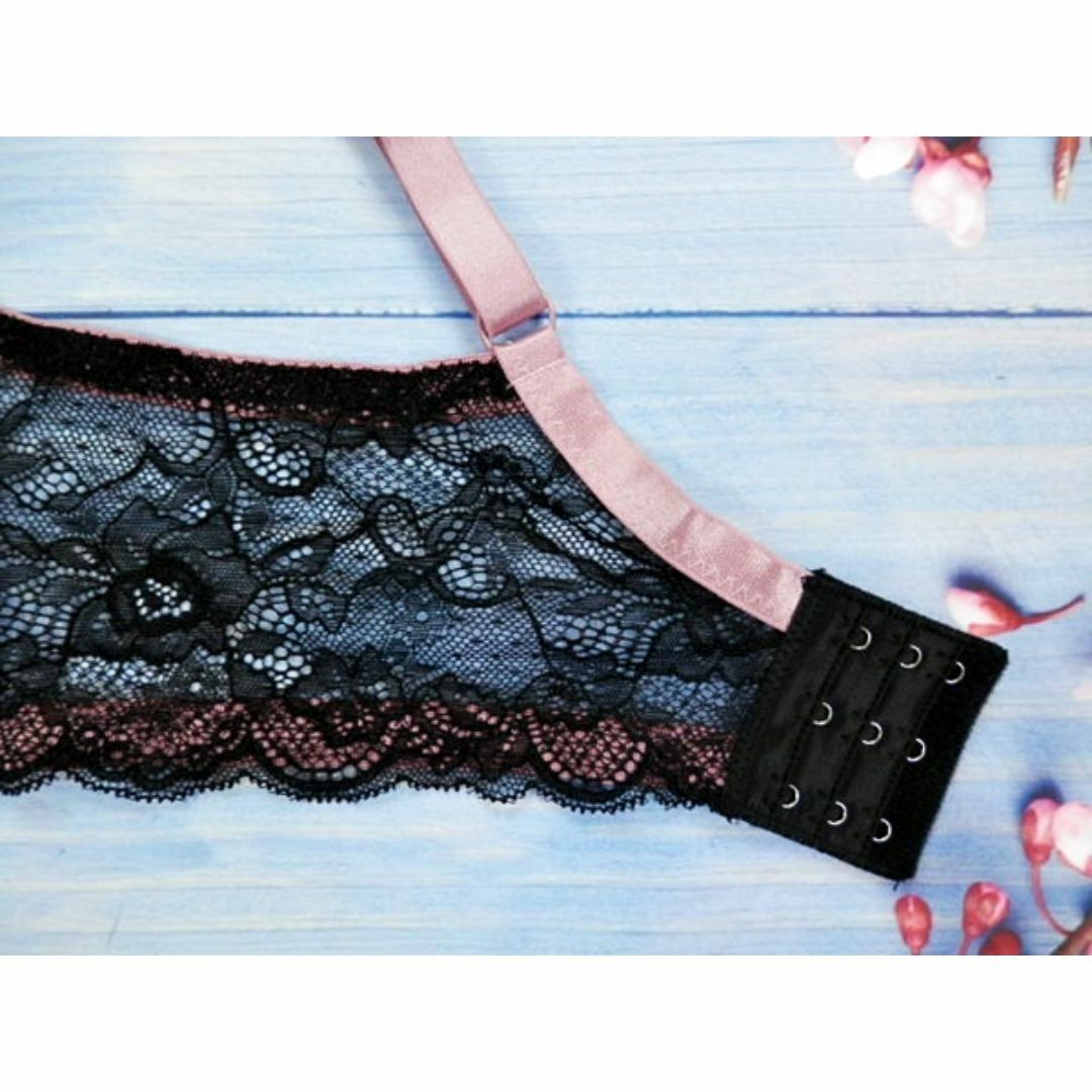 SE13★F75 L★脇高ブラショーツセット 牡丹刺繍 ピンク/黒 レディースの下着/アンダーウェア(ブラ&ショーツセット)の商品写真