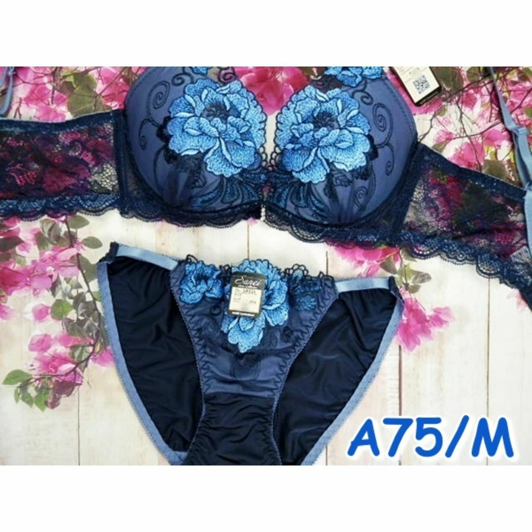 SE14★A75 M★脇高ブラショーツセット 牡丹刺繍 紺/青 レディースの下着/アンダーウェア(ブラ&ショーツセット)の商品写真