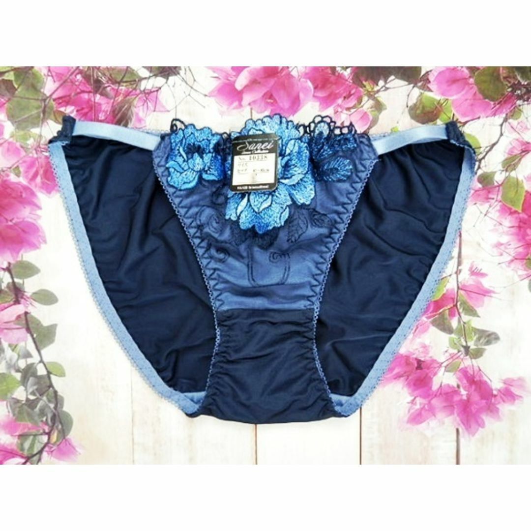 SE14★E75 L★脇高ブラショーツセット 牡丹刺繍 紺/青 レディースの下着/アンダーウェア(ブラ&ショーツセット)の商品写真