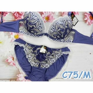 SE52★C75 M★ブラショーツセット Wパッド ボタニカル刺繍 青紫(ブラ&ショーツセット)