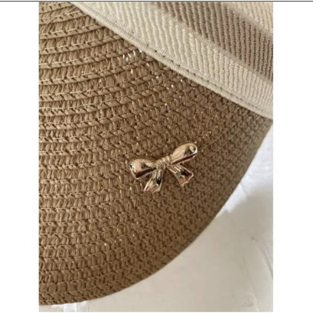 サンバイザー リボン 日除け帽子 つば広 麦わら帽子 帽子 レディースの帽子(麦わら帽子/ストローハット)の商品写真