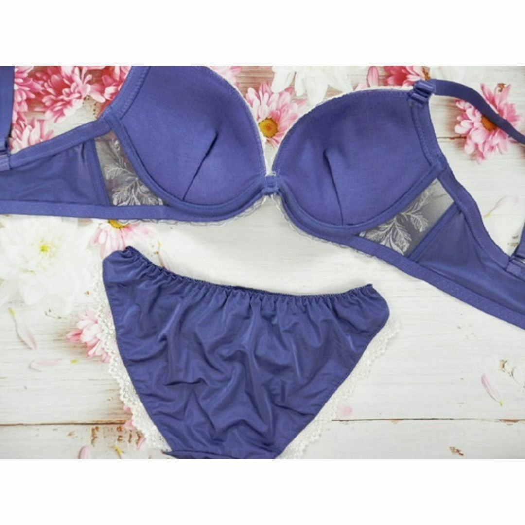 SE52★E70 M★ブラショーツセット ボタニカル刺繍 青紫 レディースの下着/アンダーウェア(ブラ&ショーツセット)の商品写真