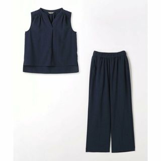 アデイインザライフ(a day in the life)の【NAVY】キーネック ノースリーブブラウス +ワイドパンツ -セットアップ --ハンドウォッシャブル-<A DAY IN THE LIFE>(ロングワンピース/マキシワンピース)