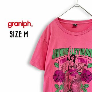 Graniph - グラニフ Tシャツ クルーネック 古着 M メッセージプリント ピンクb63