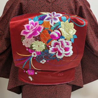 レトロ☆花刺繍の九寸なごや帯(帯)