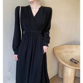 ハイウエスト 大人 可愛い きれいめ 大人 上品 おしゃれ L ブラック(ひざ丈ワンピース)