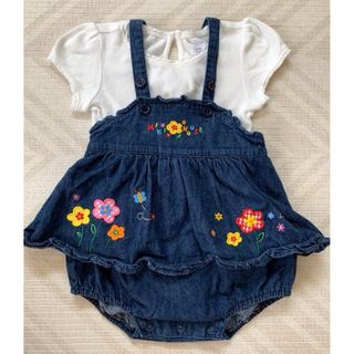 ミキハウス(mikihouse)の美品 ミキハウス デニム ロンパース ２点セット　フリル　刺繍　花(カバーオール)