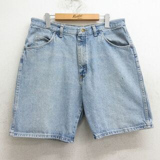 ラングラー(Wrangler)のW35★古着 ラングラー Wrangler ショート パンツ ショーツ メンズ 90年代 90s コットン USA製 紺 ネイビー デニム 【spe】 24may15 中古 ボトムス 短パン ショーパン ハーフ(ワークパンツ/カーゴパンツ)