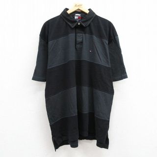 トミーヒルフィガー(TOMMY HILFIGER)のXL★古着 トミーヒルフィガー TOMMY HILFIGER 半袖 ブランド ラガー シャツ メンズ 90年代 90s ワンポイントロゴ 鹿の子 大きいサイズ コットン 黒他 ブラック 24may15 中古 トップス(シャツ)