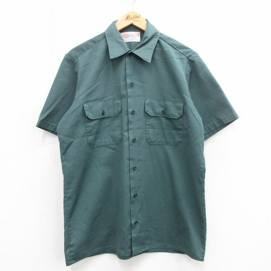 Dickies(ディッキーズ)のL★古着 ディッキーズ Dickies 半袖 ワーク シャツ メンズ 90年代 90s USA製 緑系 グリーン 24may15 中古 トップス メンズのトップス(シャツ)の商品写真