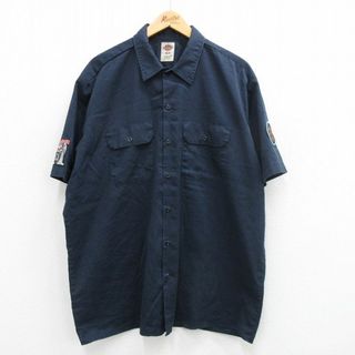 XL★古着 ディッキーズ Dickies 半袖 ワーク ロック バンド シャツ メンズ アイアンメイデン 大きいサイズ ロング丈 紺 ネイビー 【spe】 24may15 中古 トップス