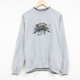 XL★古着 長袖 スウェット メンズ 00年代 00s 魚 刺繍 クルーネック グレー 霜降り 24may15 中古 スエット トレーナー トップス(パーカー)