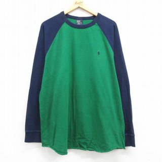 ラルフローレン(Ralph Lauren)のXL★古着 ラルフローレン Ralph Lauren 長袖 ブランド Tシャツ メンズ 90年代 90s ワンポイントロゴ ツートンカラー ラグラン 大きいサイズ コットン クルーネック 緑他 グリーン 24may15 中古(Tシャツ/カットソー(半袖/袖なし))