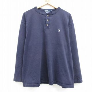 ラルフローレン(Ralph Lauren)のXL★古着 ラルフローレン Ralph Lauren 長袖 ビンテージ ブランド Tシャツ メンズ 90年代 90s ワンポイントロゴ 大きいサイズ コットン ヘンリーネック USA製 紺 ネイビー 【spe】 24may15 中古(Tシャツ/カットソー(半袖/袖なし))