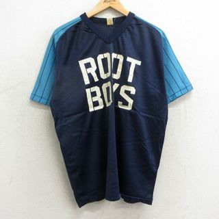 XL★古着 サウザンアスレチック 半袖 ビンテージ Tシャツ メンズ 70年代 70s ROOT BOYS ラグラン メッシュ地 Vネック USA製 紺他 ネイビー ユニフォーム ゲームシャツ 【spe】 24may15 中古(Tシャツ/カットソー(半袖/袖なし))