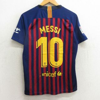 ナイキ(NIKE)のM★古着 半袖 サッカー Tシャツ メンズ ナイキ NIKE FCバルセロナ リオネルメッシ 10 ラグラン Vネック 紺他 ネイビー ストライプ ユニフォーム ゲームシャツ 【spe】 24may15 中古(Tシャツ/カットソー(半袖/袖なし))