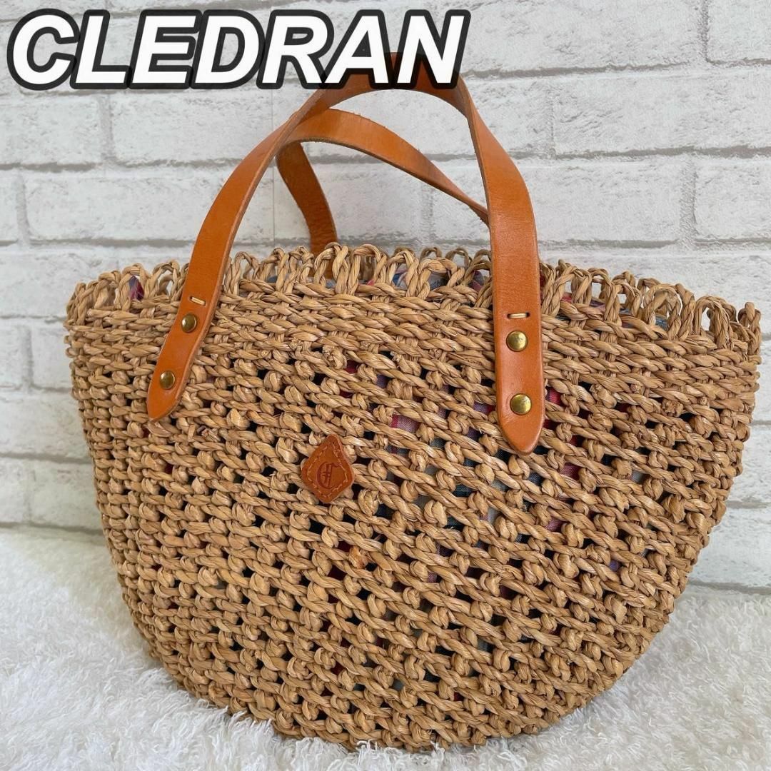 CLEDRAN(クレドラン)の美品 クレドラン CLEDRAN かごバッグ レザー  チェック柄　シーグラス レディースのバッグ(かごバッグ/ストローバッグ)の商品写真