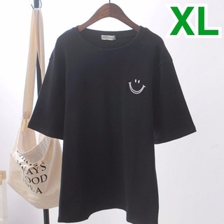 【即日発送】スマイル プリント Tシャツ XL ブラック 半袖 トップス メンズ(Tシャツ(半袖/袖なし))