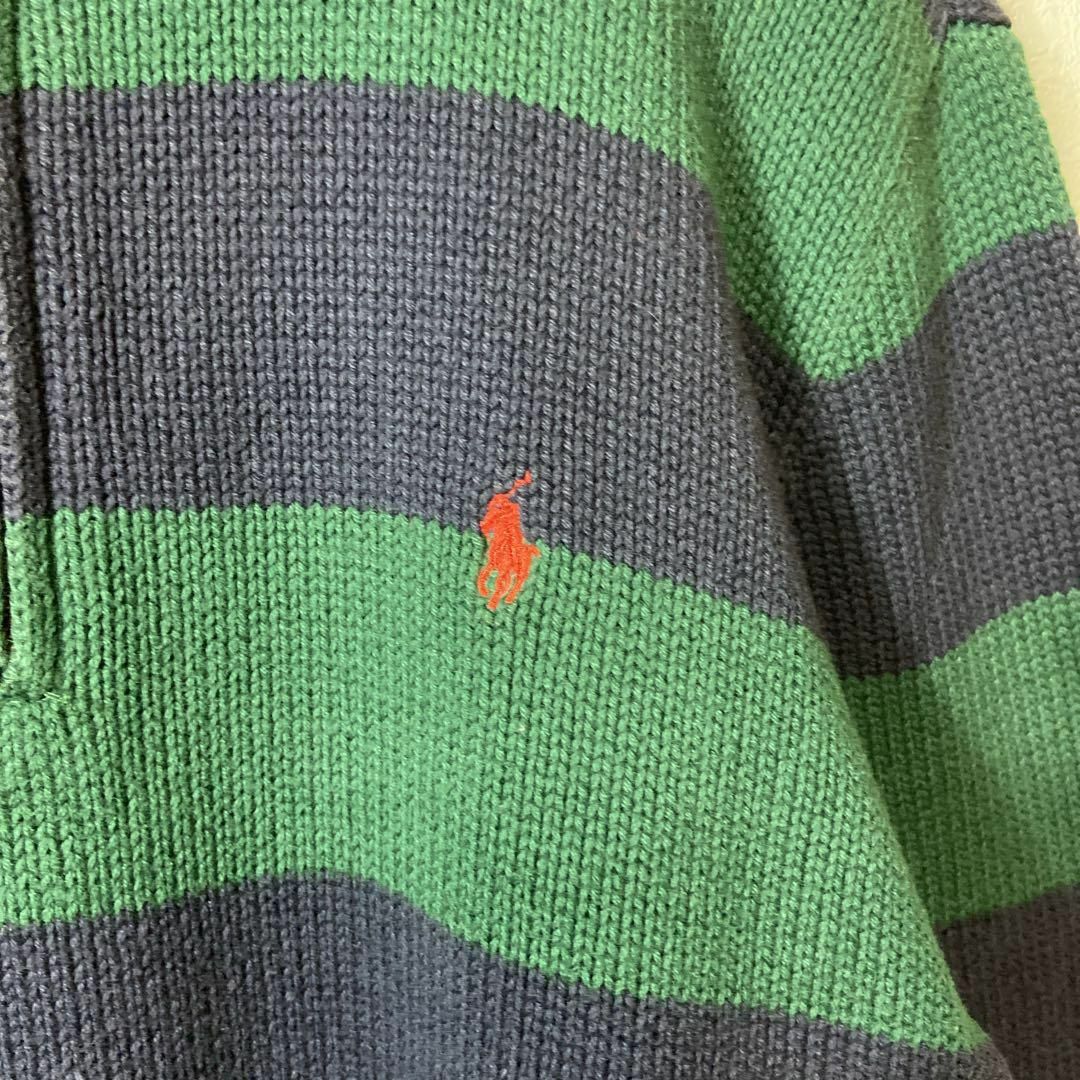 POLO RALPH LAUREN(ポロラルフローレン)の【人気グリーン、ハーフジップ◎】ラルフローレン古着ボーダーニット刺繍ロゴ緑長袖 メンズのトップス(ニット/セーター)の商品写真