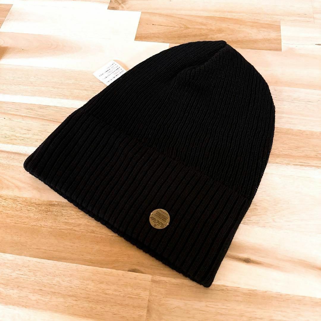 稀少【ファットハッター】アンティーク メタル ロゴ ケーブル ニット帽 黒×金 メンズの帽子(ニット帽/ビーニー)の商品写真