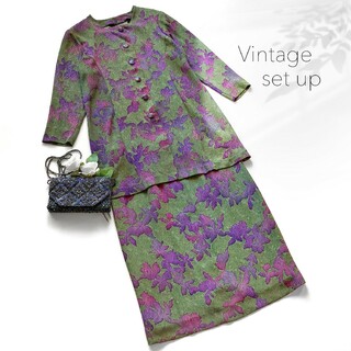 VINTAGE - 美品 ヴィンテージ 紅葉柄 セットアップ ワンピース スカート グリーン カーキ