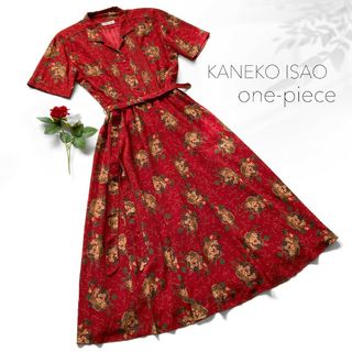 KANEKO ISAO - 美品 カネコイサオ ロングワンピース 開襟 フレア レッド 赤 フルーツ柄 総柄