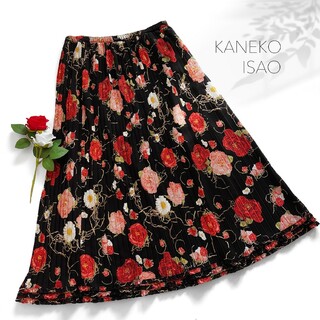KANEKO ISAO - 美品 カネコイサオ プリーツスカート ミディ丈 フレア ブラック レッド 花柄