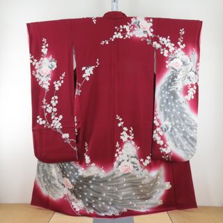 振袖 孔雀に花々模様 刺繍入り ワインレッド色 ぼかし染め 袷 正絹 広衿 成人式 卒業式 フォーマル 身丈161cm(振袖)