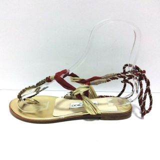 ジミーチュウ(JIMMY CHOO)のJIMMY CHOO(ジミーチュウ) ビーチサンダル 35 レディース美品  - ゴールド×レッド×マルチ ビジュー/ビーズ レザー×天然繊維(サンダル)