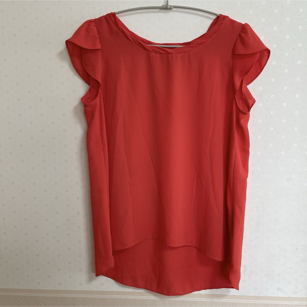 美品✨ROPE カットソー　Tシャツ　フリル袖　透け感　赤　朱色　サイズ38 レディースのトップス(Tシャツ(半袖/袖なし))の商品写真