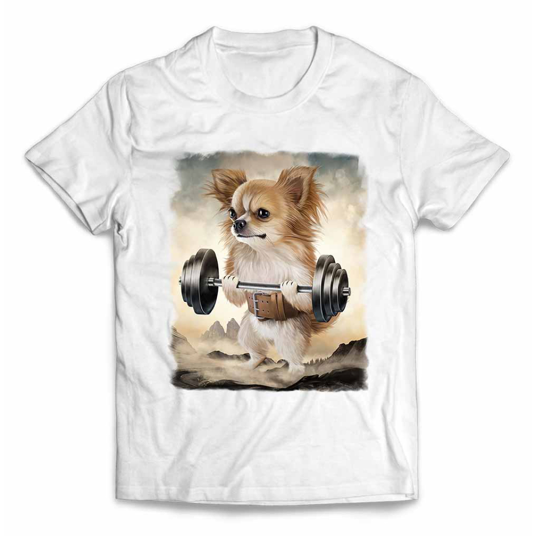 チワワ 犬 筋トレ 筋肉 ウエイトリフティング Tシャツ 半袖 メンズ メンズのトップス(Tシャツ/カットソー(半袖/袖なし))の商品写真