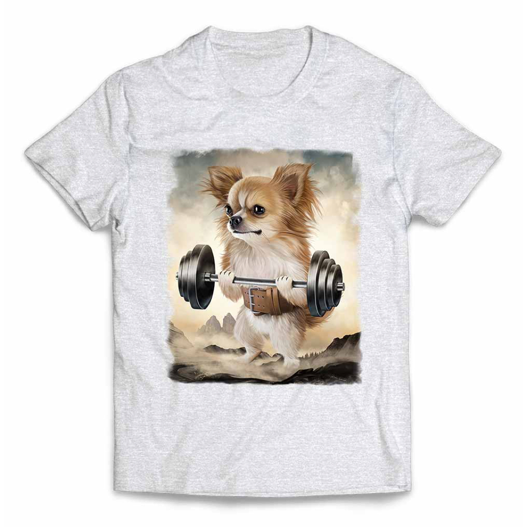 チワワ 犬 筋トレ 筋肉 ウエイトリフティング Tシャツ 半袖 メンズ メンズのトップス(Tシャツ/カットソー(半袖/袖なし))の商品写真