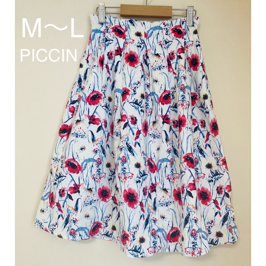 PICCIN(ピッチン)のレディース  花柄　ひざ丈スカート　M 白　ウエストゴム レディースのスカート(ひざ丈スカート)の商品写真