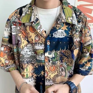 【 個性的 】 ワイド 総柄シャツ さらっと 半袖 L インパクト アメコミ(シャツ)