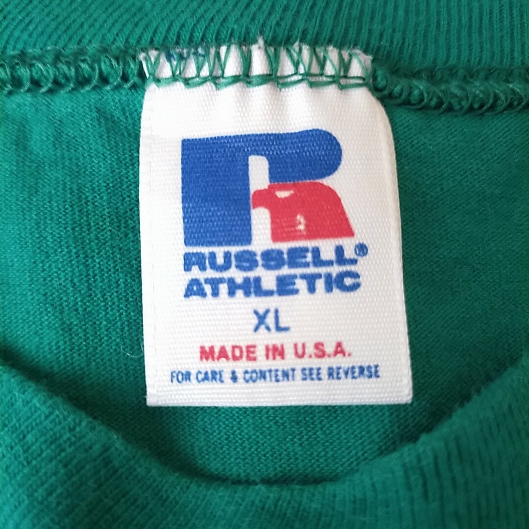 Russell Athletic(ラッセルアスレティック)の美品古着　バックプリント　ナンバリングTシャツ　アメリカ製　グリーン　緑 メンズのトップス(Tシャツ/カットソー(半袖/袖なし))の商品写真