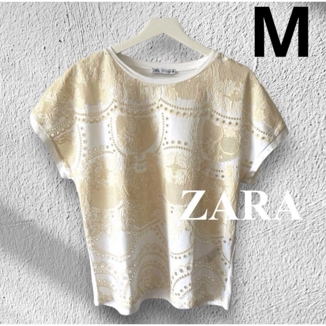 ZARA(ザラ)のZARA Tシャツ　カットソー　ブラウス　レース　白　レディース　半袖　フレンチ レディースのトップス(Tシャツ(半袖/袖なし))の商品写真