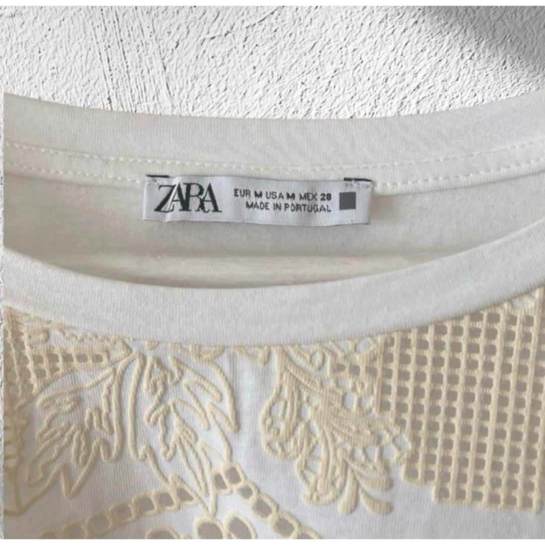 ZARA(ザラ)のZARA Tシャツ　カットソー　ブラウス　レース　白　レディース　半袖　フレンチ レディースのトップス(Tシャツ(半袖/袖なし))の商品写真
