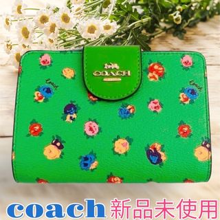 コーチ(COACH)の【新品・未使用】　coach 折財布　グリーン　花柄　 ミディアム(財布)