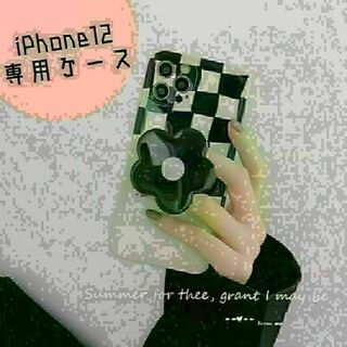 ★iPhone12 ケース　お花 グリップ　ブロックチェック柄　白黒★(iPhoneケース)